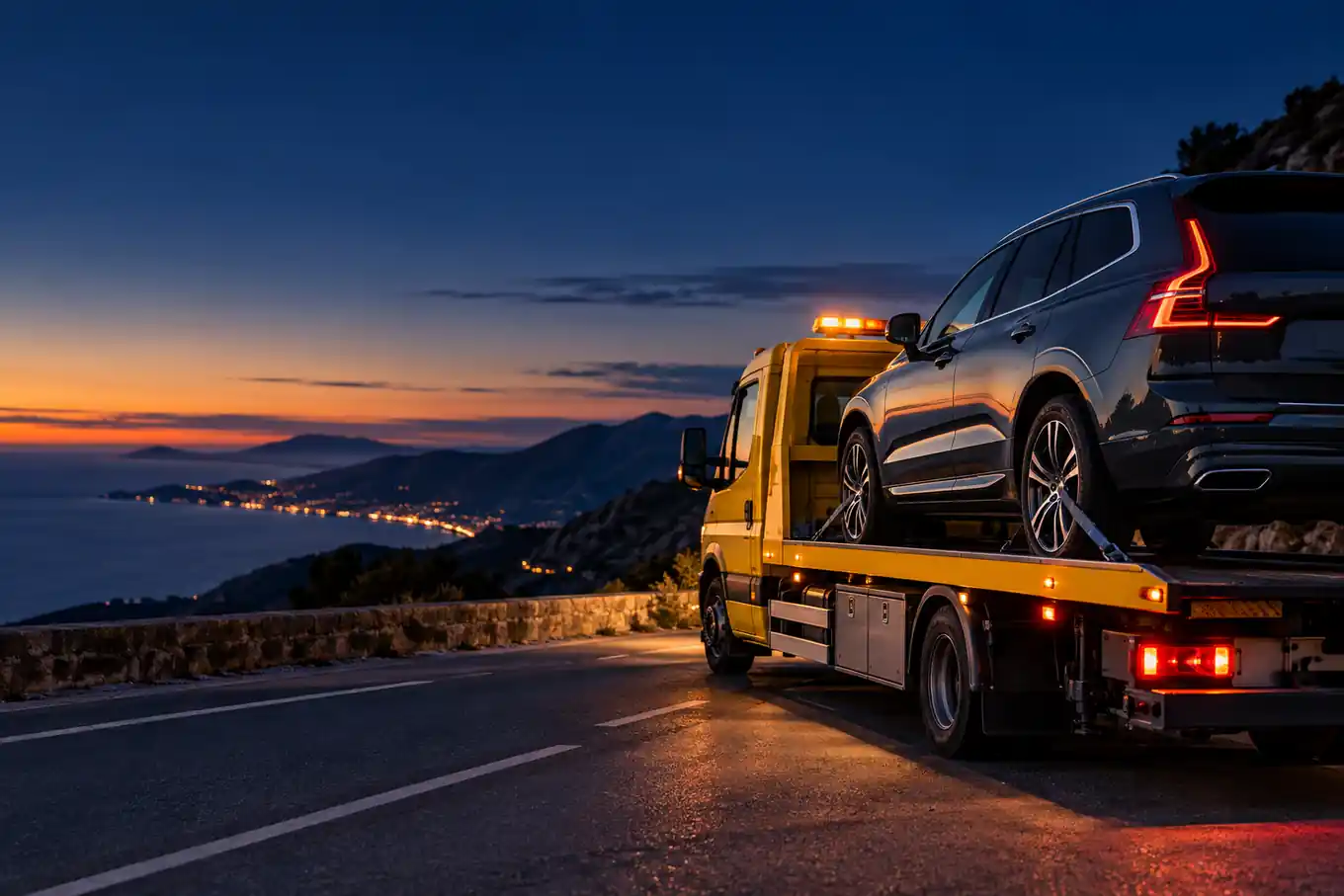 Carro attrezzi giallo con un'auto sul pianale, su una strada al tramonto